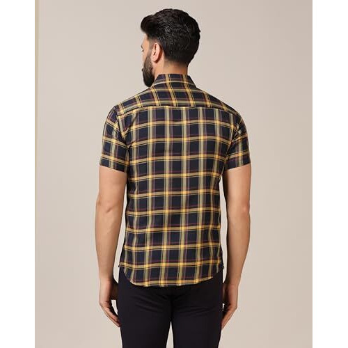 Toplot Men's Regular Fit Casual Shirt Checks Design With Spread Collar & Half Sleeves (Chex-Shirt-5177-Yellow-S)