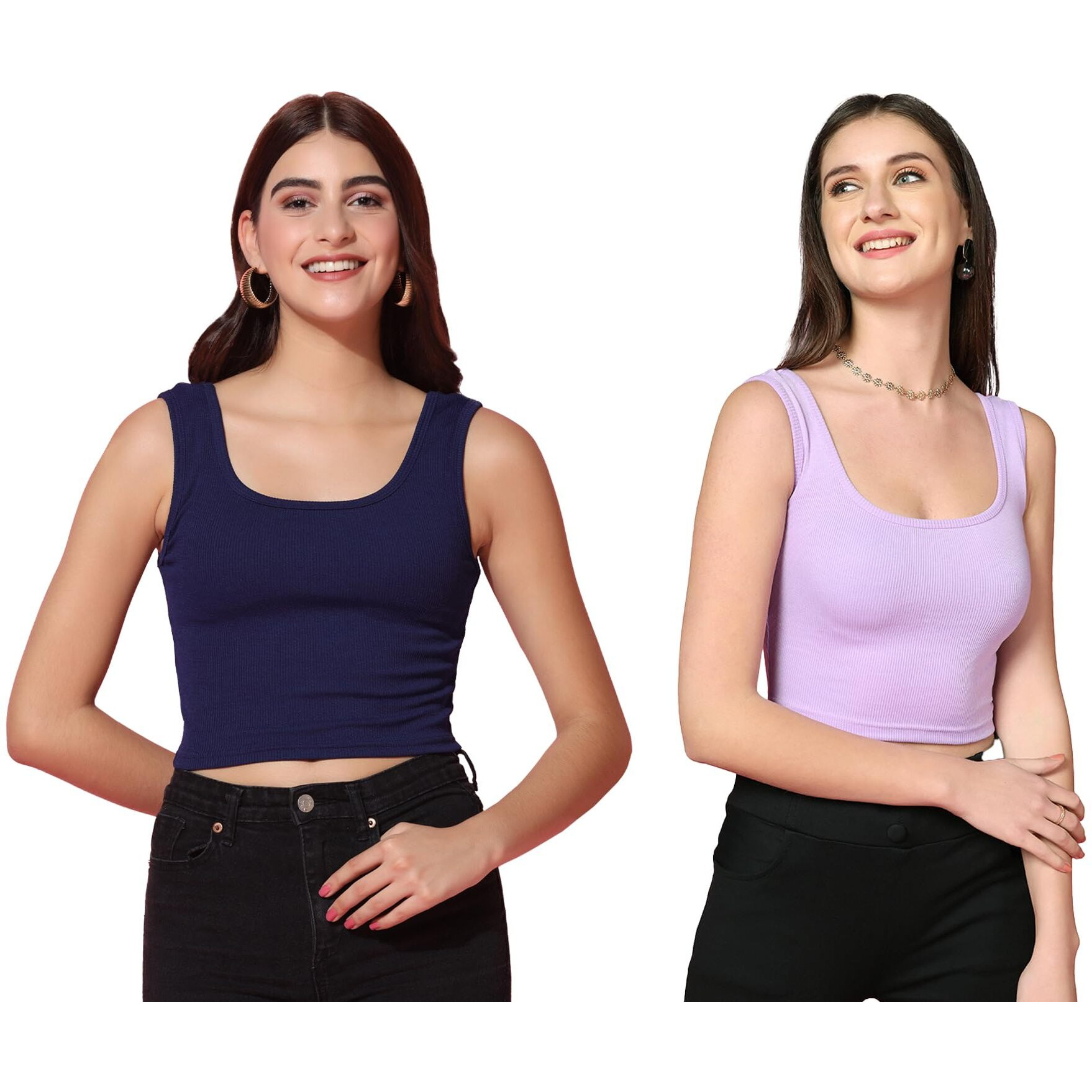 Toplot Women's Combo Solid Ribbed Scoop Neck Sleeveless Slim Fit Tank Top Pack Of 2 (Combo-5069-Nvy-Prl-Xl)