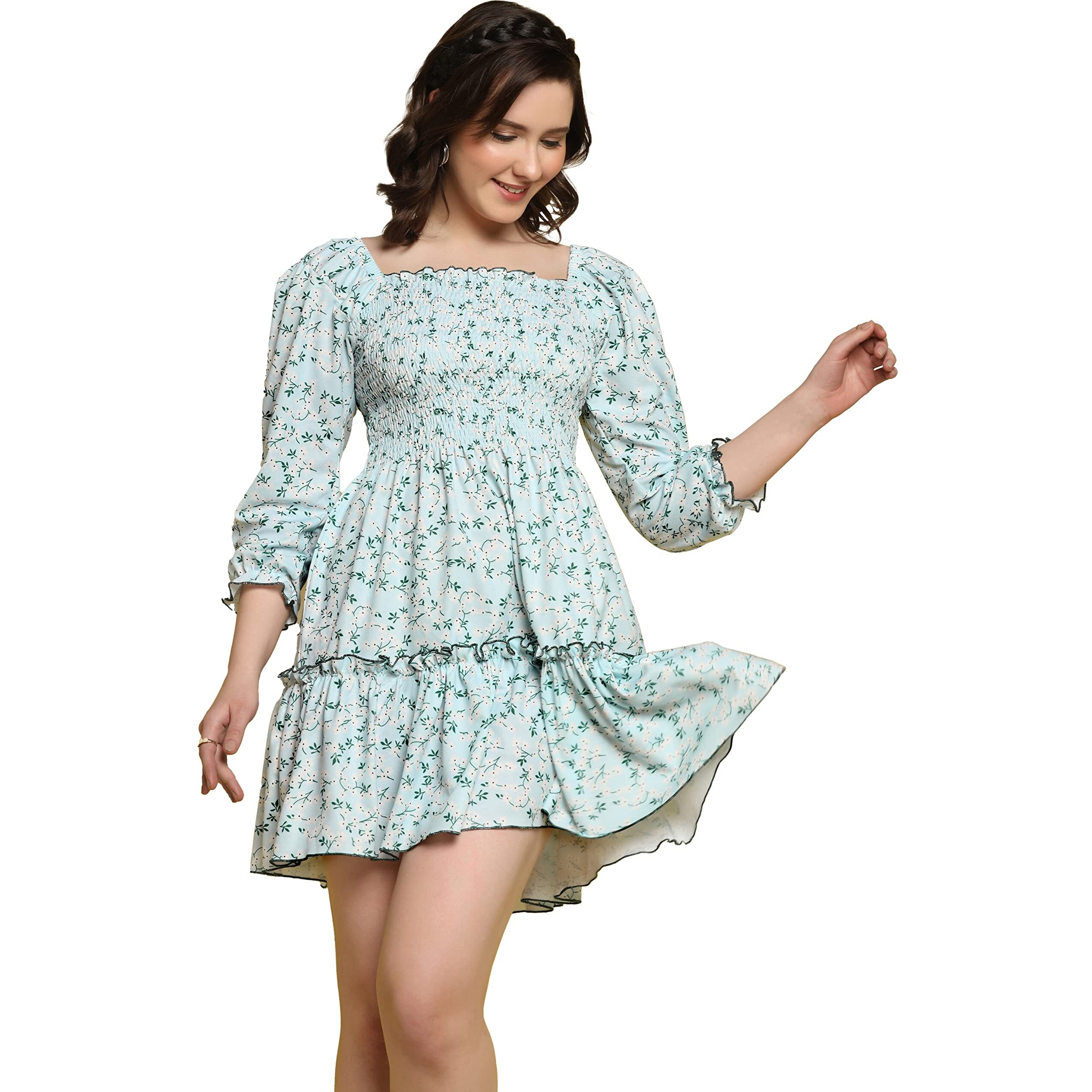 Toplot Dresses For Women Floral Print With 3/4 Sleeve (Midi-5067-Sky-Xl)