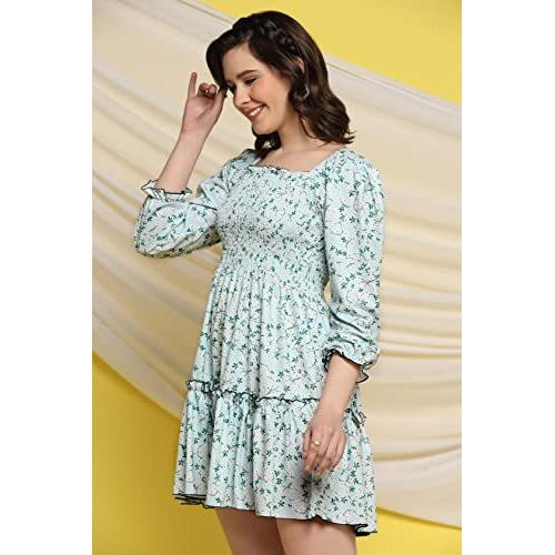 Toplot Dresses For Women Floral Print With 3/4 Sleeve (Midi-5067-Sky-Xl)