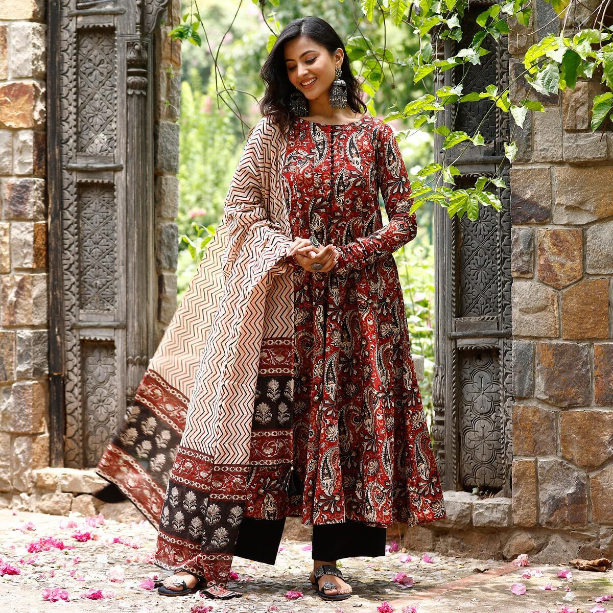 Gosriki Women's Rayon Viscose Anarkali Printed Kurta With Pant & Dupatta (Ziha Multi-Gs_S_Multicolor_Small)