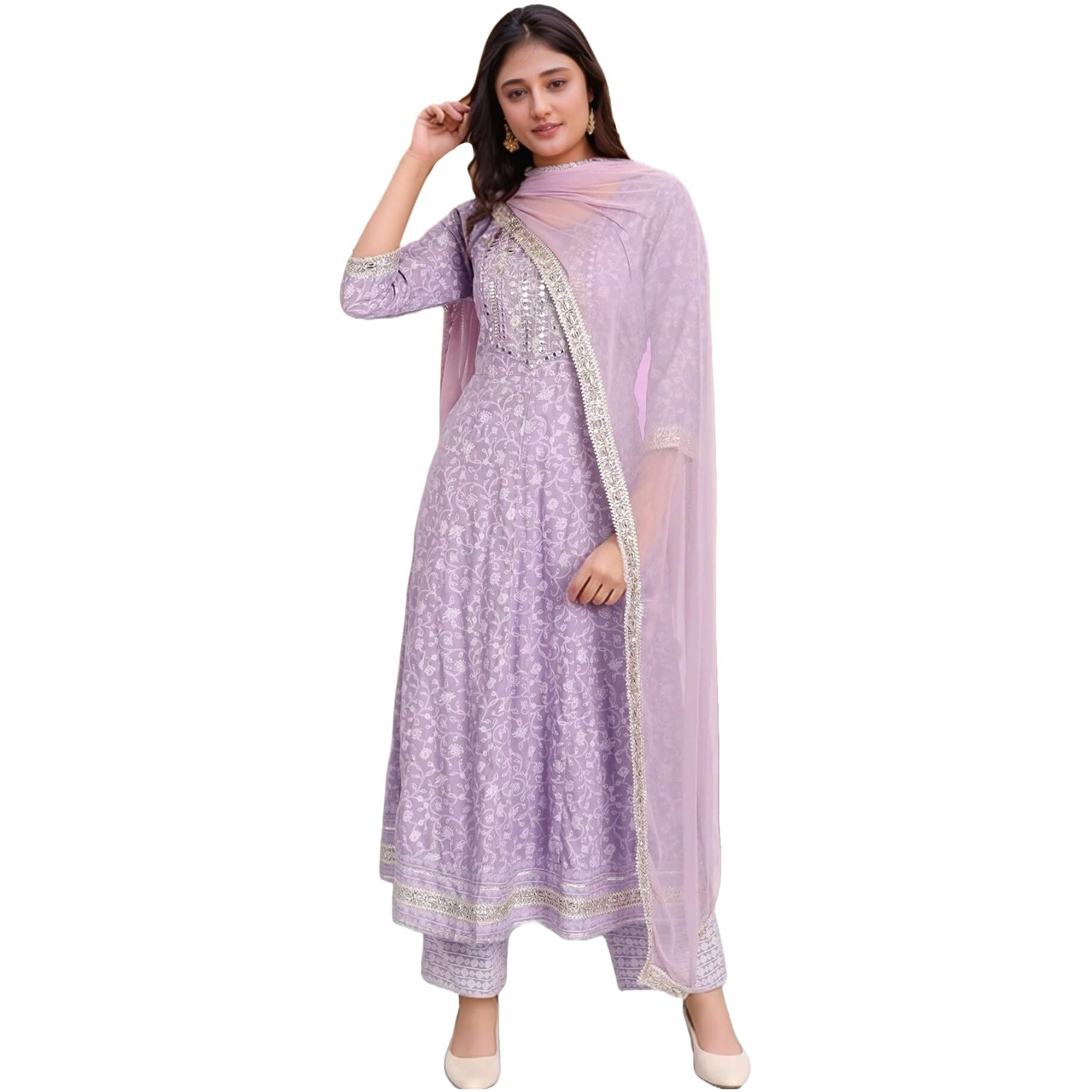 Gosriki Women's Rayon Viscose Embroidered Anarkali Kurta With Pant & Dupatta (Hitmyn Purple-Vks01-Gs_Xxl_Purple_Xx-Large)