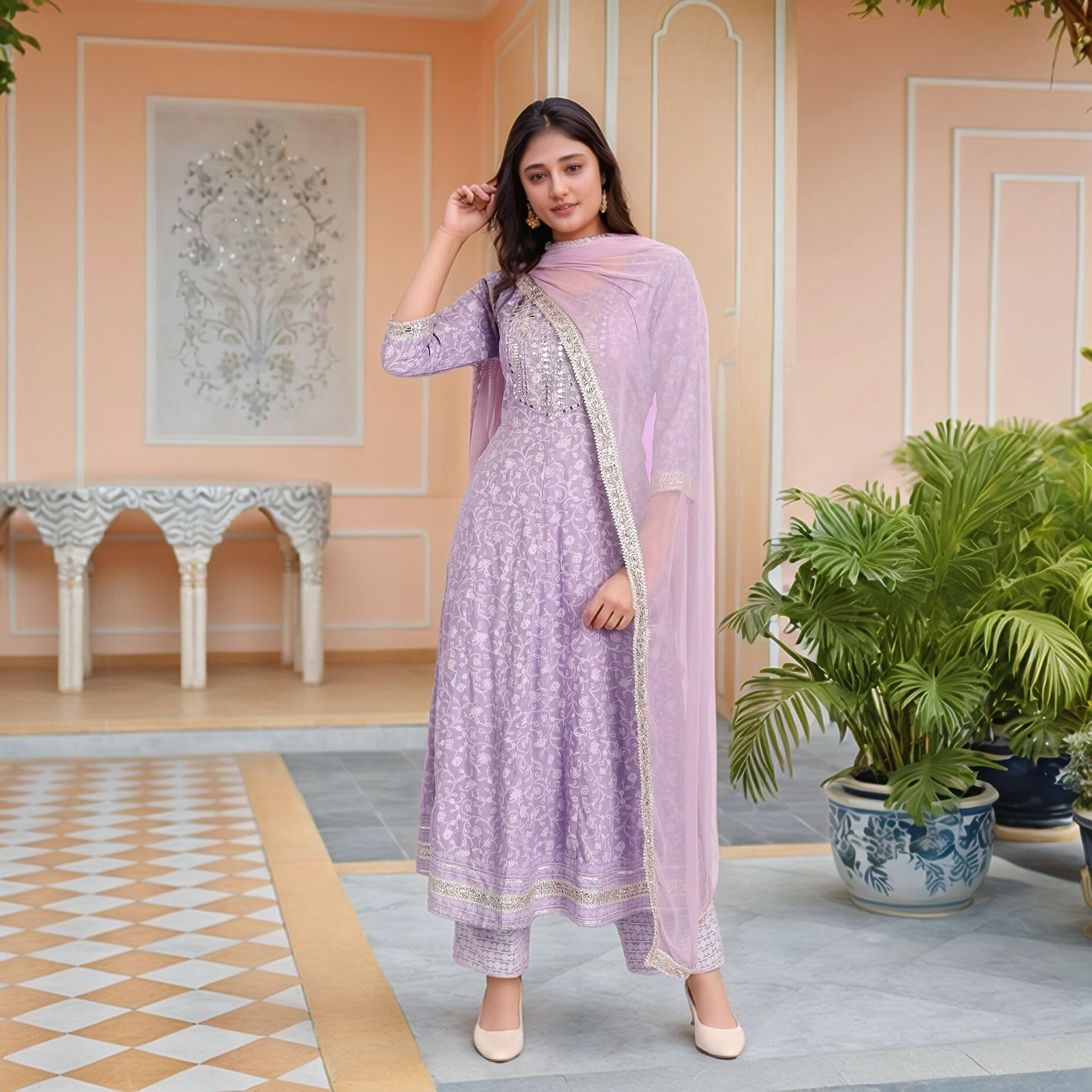 Gosriki Women's Rayon Viscose Embroidered Anarkali Kurta With Pant & Dupatta (Hitmyn Purple-Vks01-Gs_Xxl_Purple_Xx-Large)