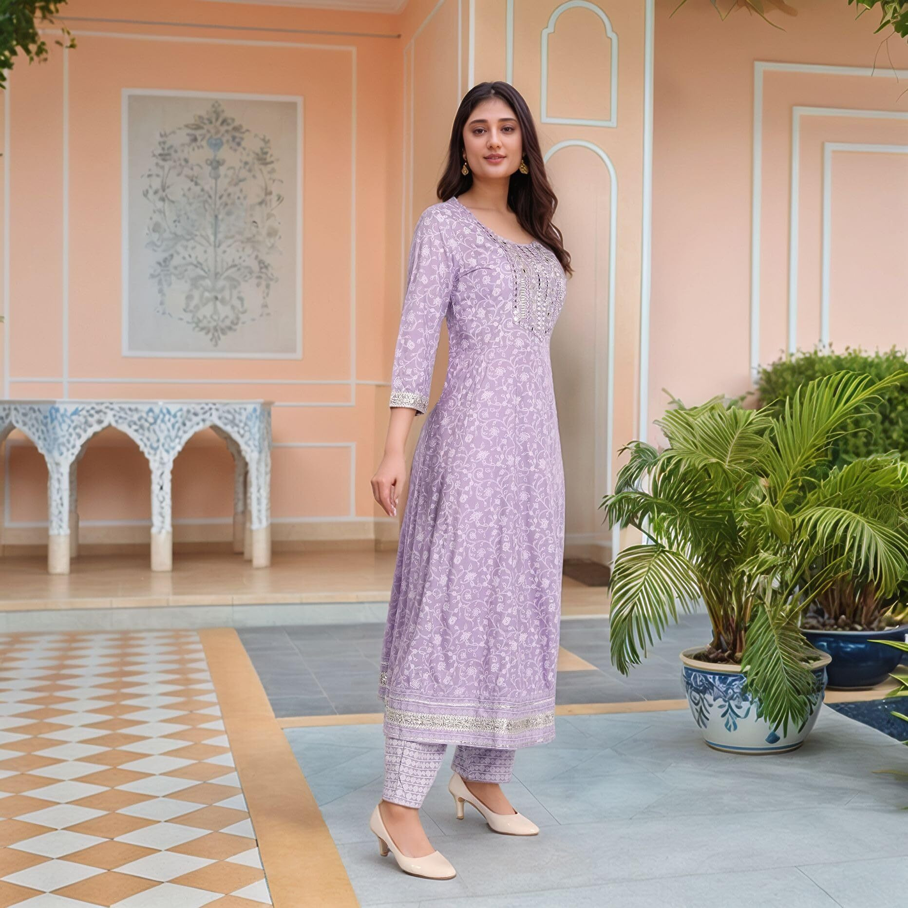 Gosriki Women's Rayon Viscose Embroidered Anarkali Kurta With Pant & Dupatta (Hitmyn Purple-Vks01-Gs_Xxl_Purple_Xx-Large)