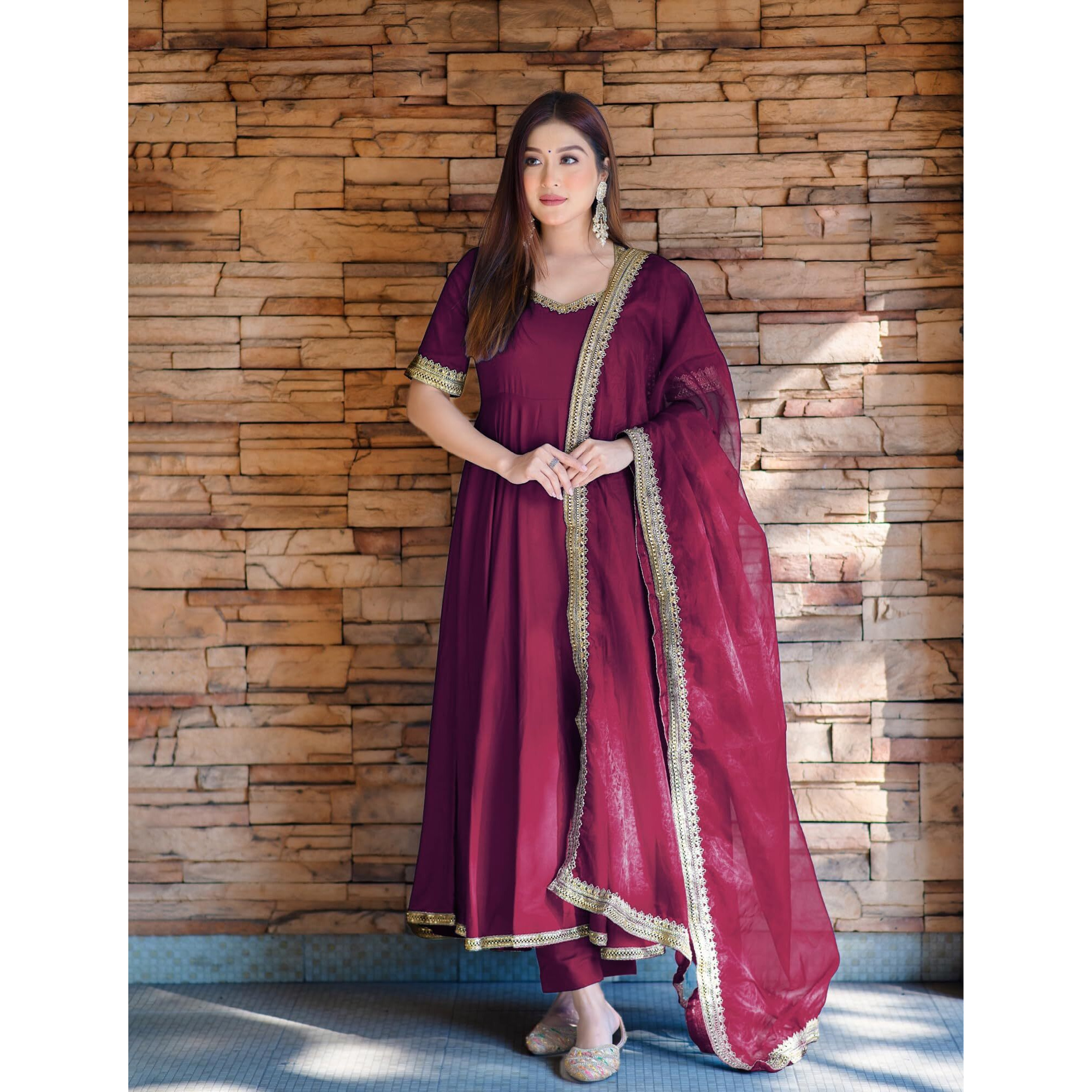 Gosriki Women's Rayon Blend Anarkali Solid Kurta With Pant & Dupatta (Shyam Wine-Vks01-Gs_Xl_Wine_X-Large)