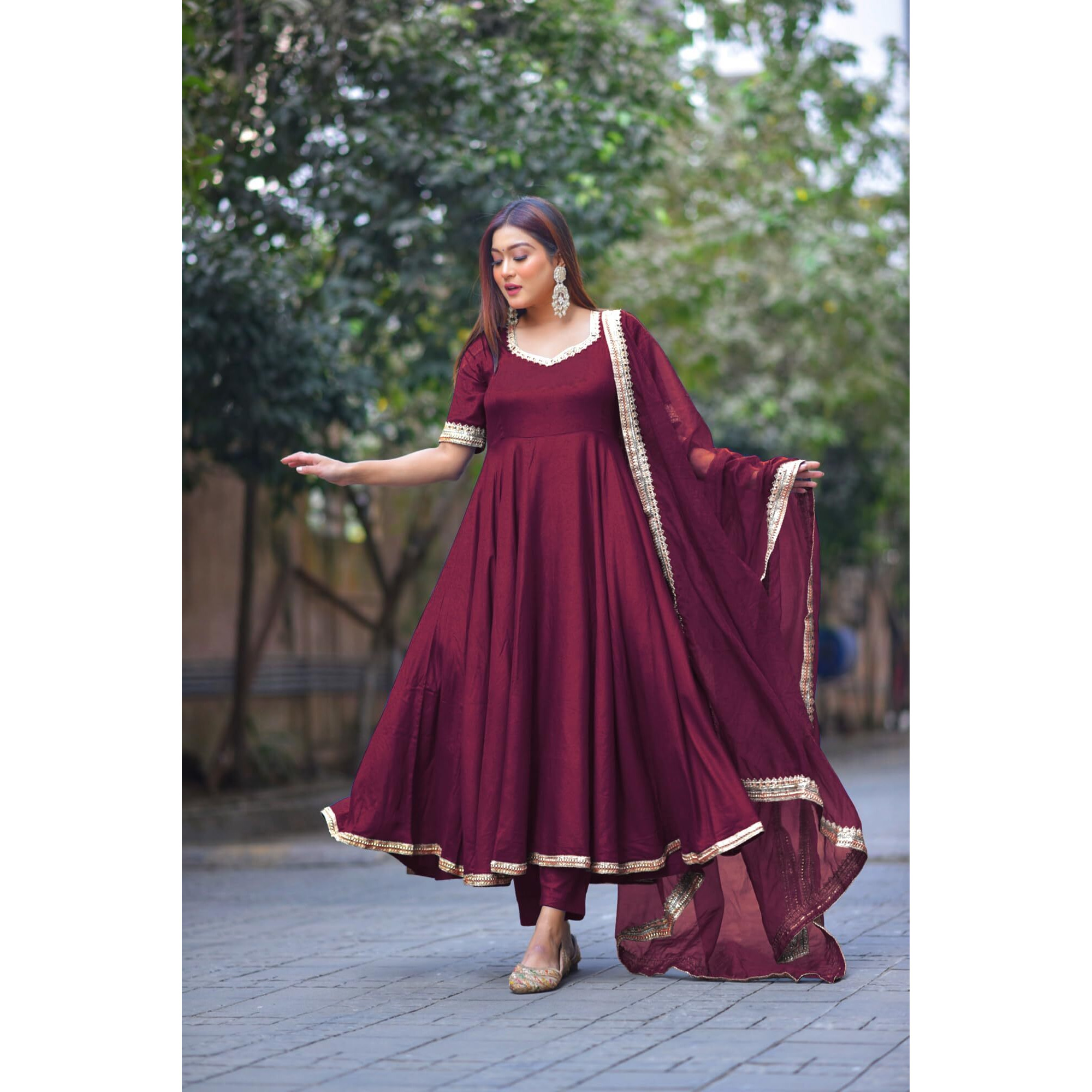 Gosriki Women's Rayon Blend Anarkali Solid Kurta With Pant & Dupatta (Shyam Wine-Vks01-Gs_Xl_Wine_X-Large)