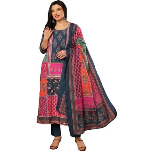 Gosriki Women's Silk Blend Printed Straight Kurta With Pant & Dupatta (Sula Multi-Vks03-Gs_4Xl_Multicolor_Xxxx-Large)