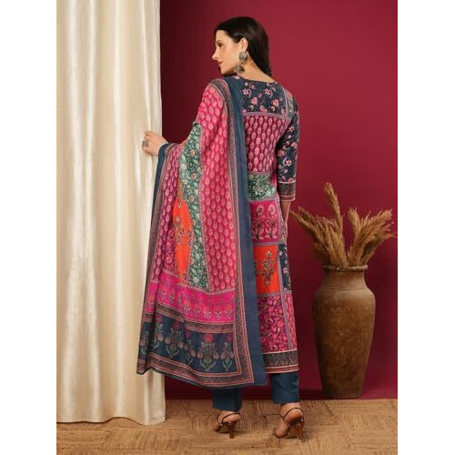 Gosriki Women's Silk Blend Printed Straight Kurta With Pant & Dupatta (Sula Multi-Vks03-Gs_4Xl_Multicolor_Xxxx-Large)