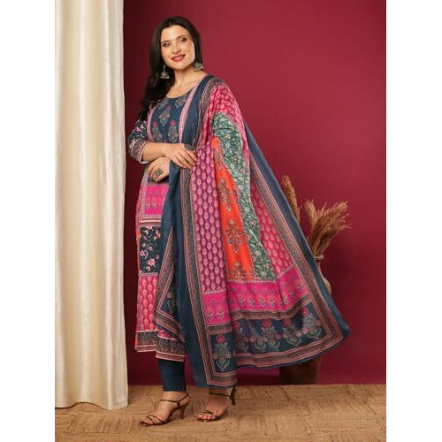 Gosriki Women's Silk Blend Printed Straight Kurta With Pant & Dupatta (Sula Multi-Vks03-Gs_4Xl_Multicolor_Xxxx-Large)