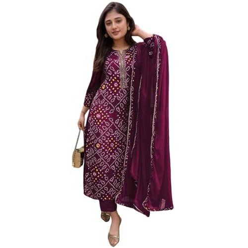 Gosriki Women's Rayon Viscose Straight Bandhej Printed Kurta With Pant & Dupatta (Turae Wine-Vks03-Gs_L_Wine_Large)