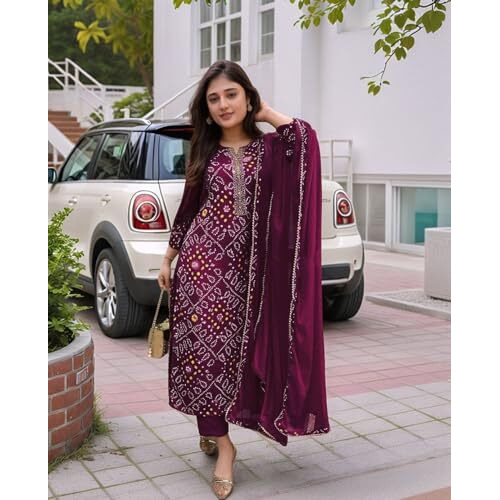 Gosriki Women's Rayon Viscose Straight Bandhej Printed Kurta With Pant & Dupatta (Turae Wine-Vks03-Gs_L_Wine_Large)