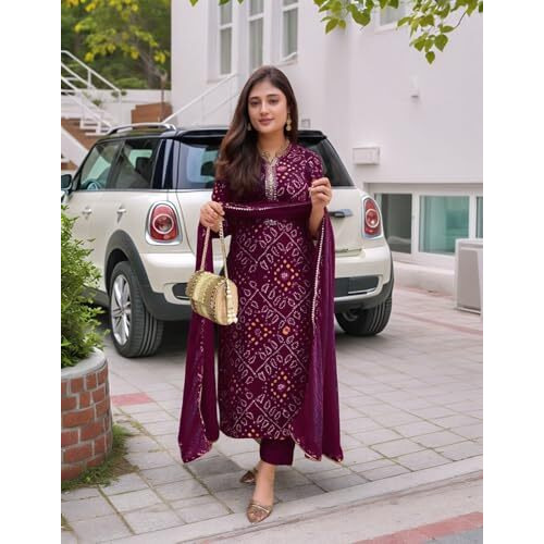 Gosriki Women's Rayon Viscose Straight Bandhej Printed Kurta With Pant & Dupatta (Turae Wine-Vks03-Gs_L_Wine_Large)