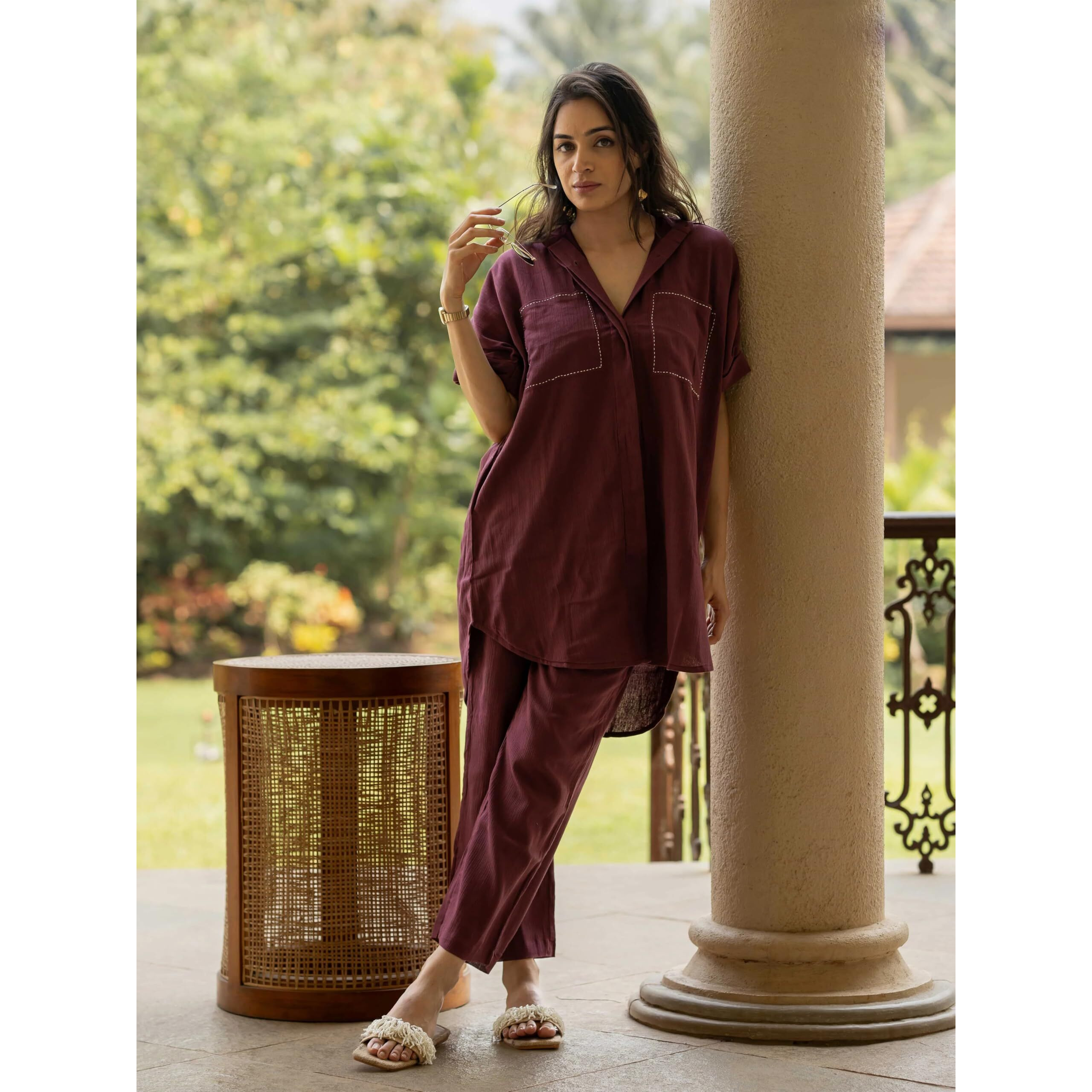 Gosriki Women's Rayon Viscose Straight Solid Kurta With Pant (Wareya Wine-Gs_L_Wine_Large)