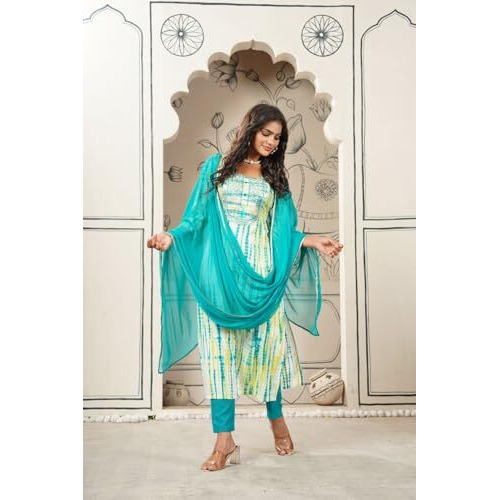 Gosriki Women's Rayon Viscose Straight Printed Kurta With Pant & Dupatta (Tiedye Rama Green-Vks08-Gs_Xl_Green_X-Large)