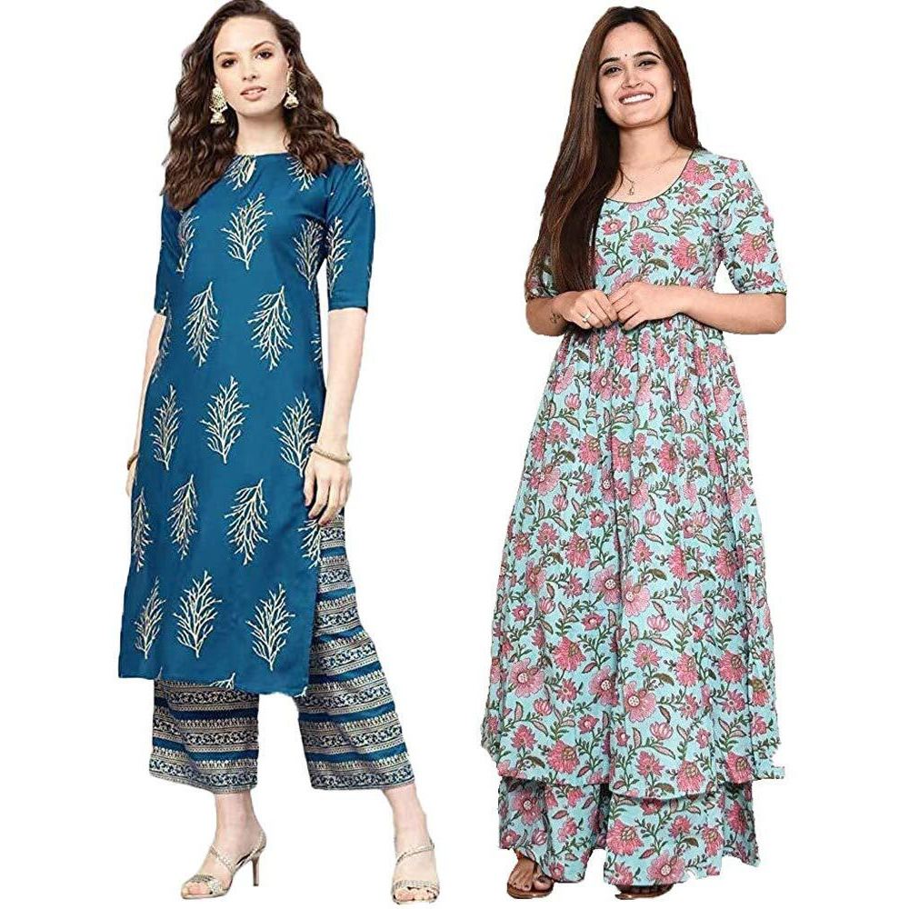 Gosriki Women's Printed Straight Kurta With Palazzo (Prush & Rituya_L) Multicolour