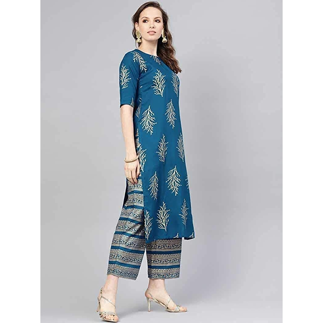 Gosriki Women's Printed Straight Kurta With Palazzo (Prush & Rituya_L) Multicolour
