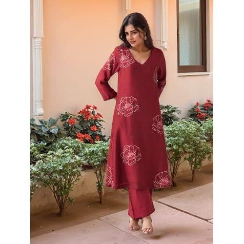 Gosriki Women's Rayon Viscose Straight Printed Kurta With Pant (Twisha Red-Vks01-Gs_Xxl_Red_Xx-Large)