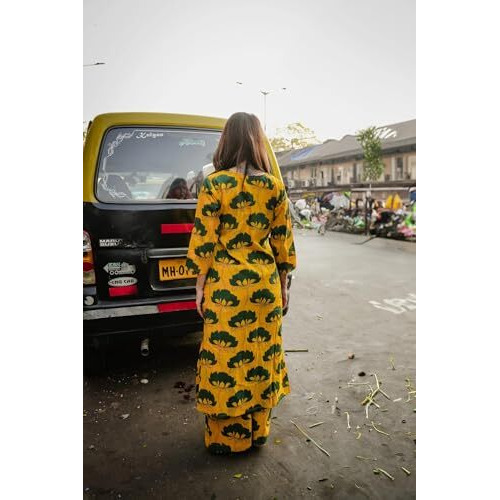 Gosriki Women's Rayon Viscose Straight Printed Kurta With Palazzo (Humnava Yellow-Gs_Xxl_Yellow_Xx-Large)