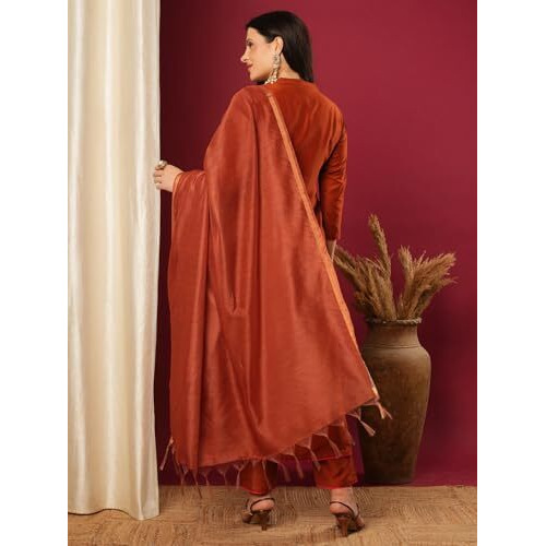 Gosriki Women's Rayon Viscose Embroidered Anarkali Kurta With Pant & Dupatta (Brics Rust-Vks01-Gs_Xl_Rust_X-Large)