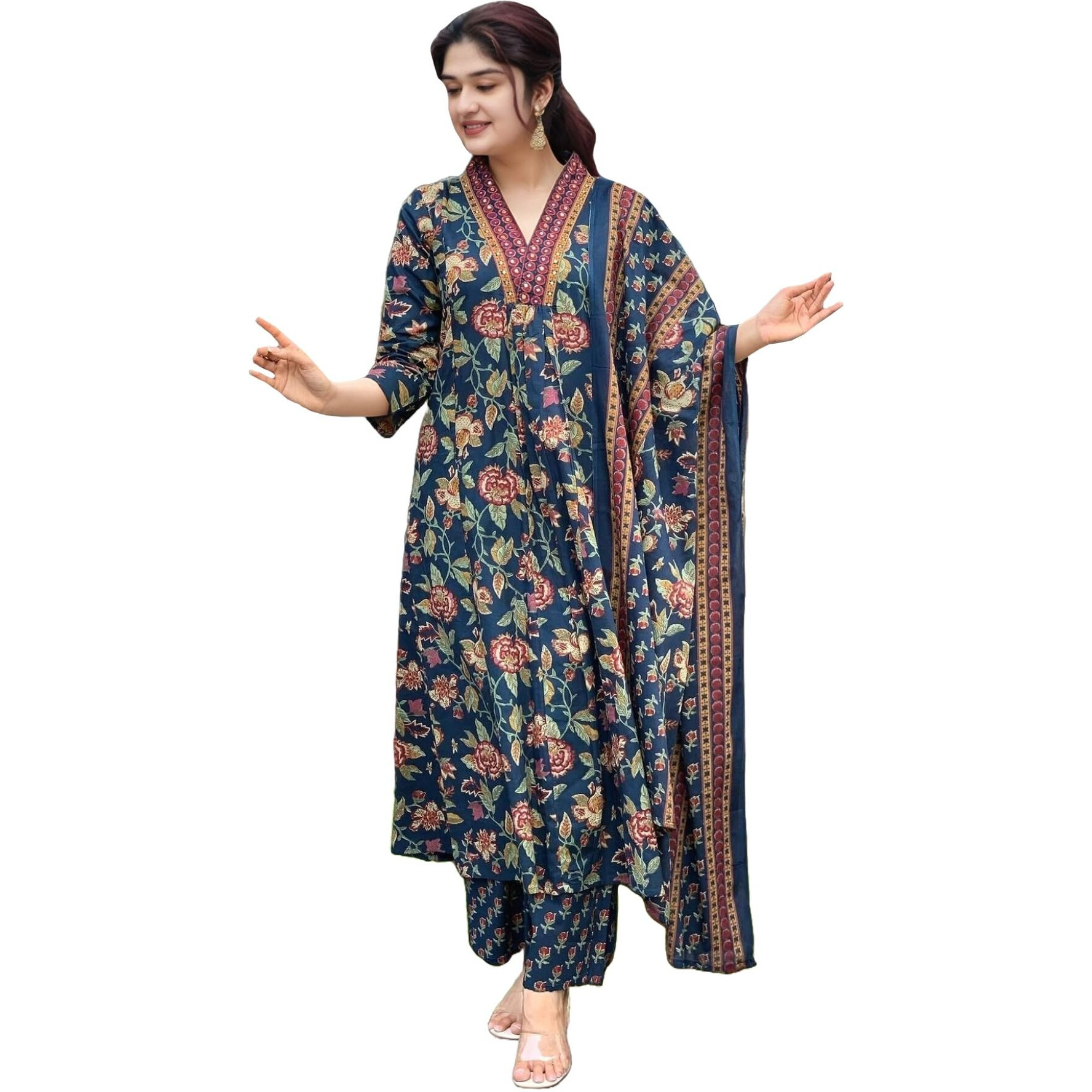 Gosriki Women's Rayon Viscose Anarkali Printed Kurta With Palazzo & Dupatta (Cia Blue-Vks05-Gs_5Xl_Blue_Xxxxx-Large)