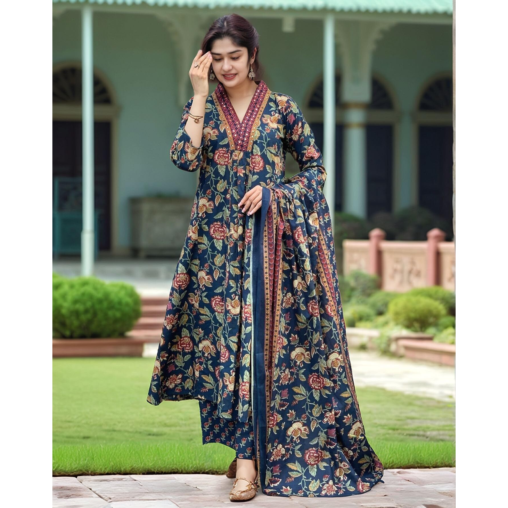 Gosriki Women's Rayon Viscose Anarkali Printed Kurta With Palazzo & Dupatta (Cia Blue-Vks05-Gs_5Xl_Blue_Xxxxx-Large)