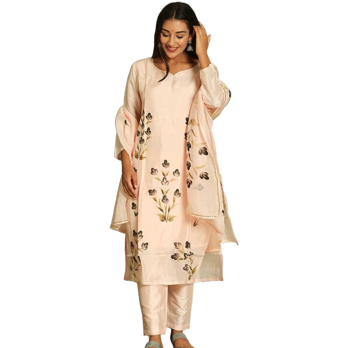 Gosriki Women's Cotton Blend Straight Printed Kurta With Pant & Dupatta (Bursh-Peach-Nw-Gs_5Xl_Peach_Xxxxx-Large)