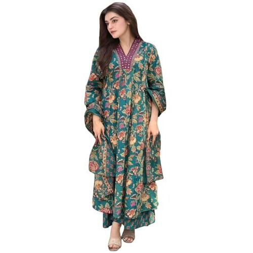 Gosriki Women's Rayon Viscose Anarkali Printed Kurta With Palazzo & Dupatta (Cia Green-Vks05-Gs_Xl_Green_X-Large)