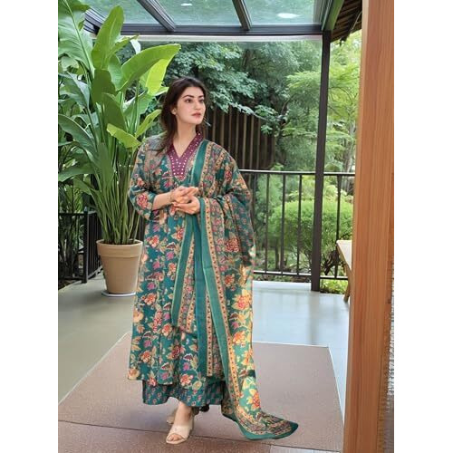 Gosriki Women's Rayon Viscose Anarkali Printed Kurta With Palazzo & Dupatta (Cia Green-Vks05-Gs_Xl_Green_X-Large)