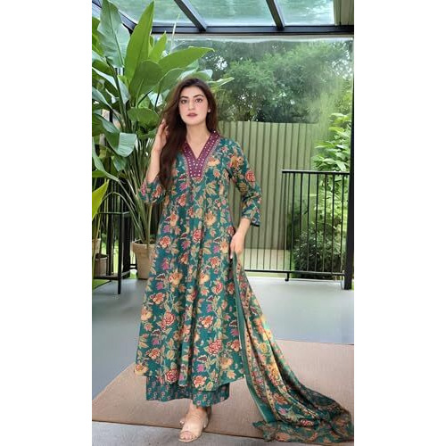 Gosriki Women's Rayon Viscose Anarkali Printed Kurta With Palazzo & Dupatta (Cia Green-Vks05-Gs_Xl_Green_X-Large)