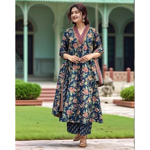 Gosriki Women's Rayon Viscose Anarkali Printed Kurta With Palazzo & Dupatta (Cia Blue-Vks02-Gs_L_Blue_Large)