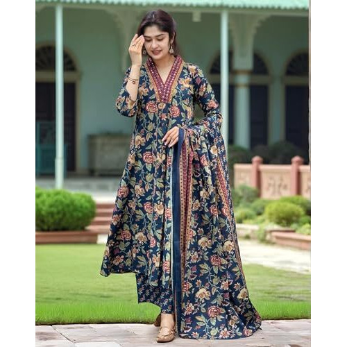 Gosriki Women's Rayon Viscose Anarkali Printed Kurta With Palazzo & Dupatta (Cia Blue-Vks02-Gs_L_Blue_Large)
