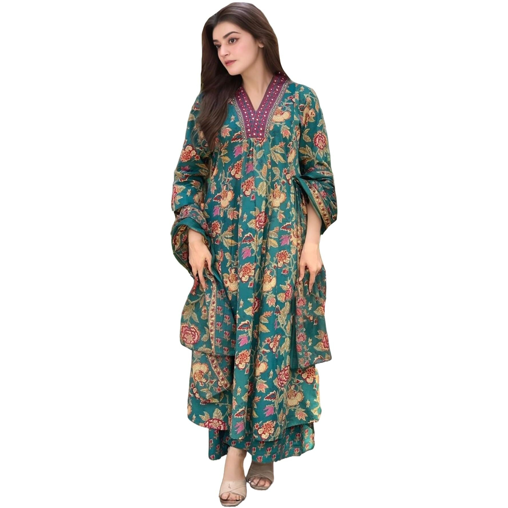 Gosriki Women's Rayon Viscose Anarkali Printed Kurta With Palazzo & Dupatta (Cia Green-Vks02-Gs_Xl_Green_X-Large)