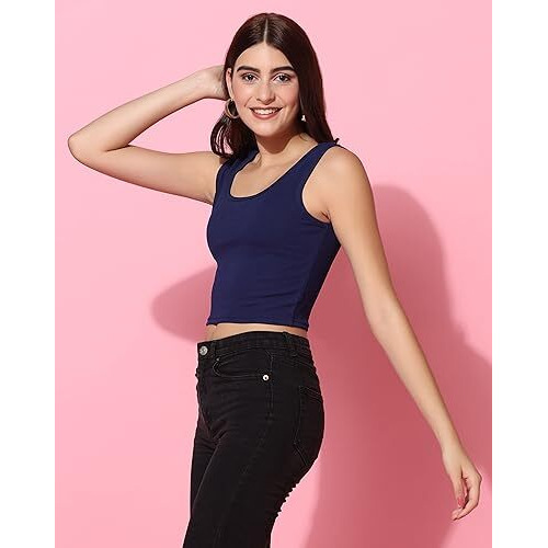 Toplot Women's Combo Solid Ribbed Scoop Neck Sleeveless Slim Fit Tank Top Pack Of 2 (Combo-5069-Nvy-Nvy-L)