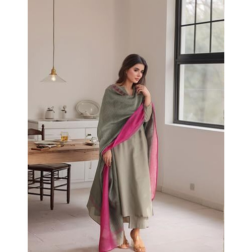 Gosriki Women's Rayon Viscose Solid Straight Kurta With Pant & Dupatta (Mogul Grey-Vks04-Gs_M_Grey_Medium)