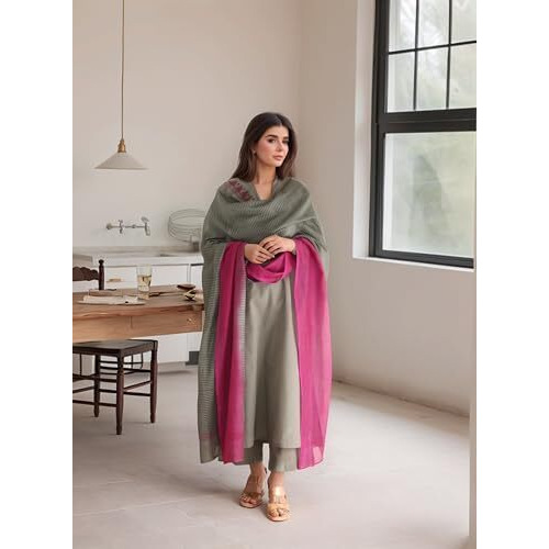 Gosriki Women's Rayon Viscose Solid Straight Kurta With Pant & Dupatta (Mogul Grey-Vks04-Gs_M_Grey_Medium)