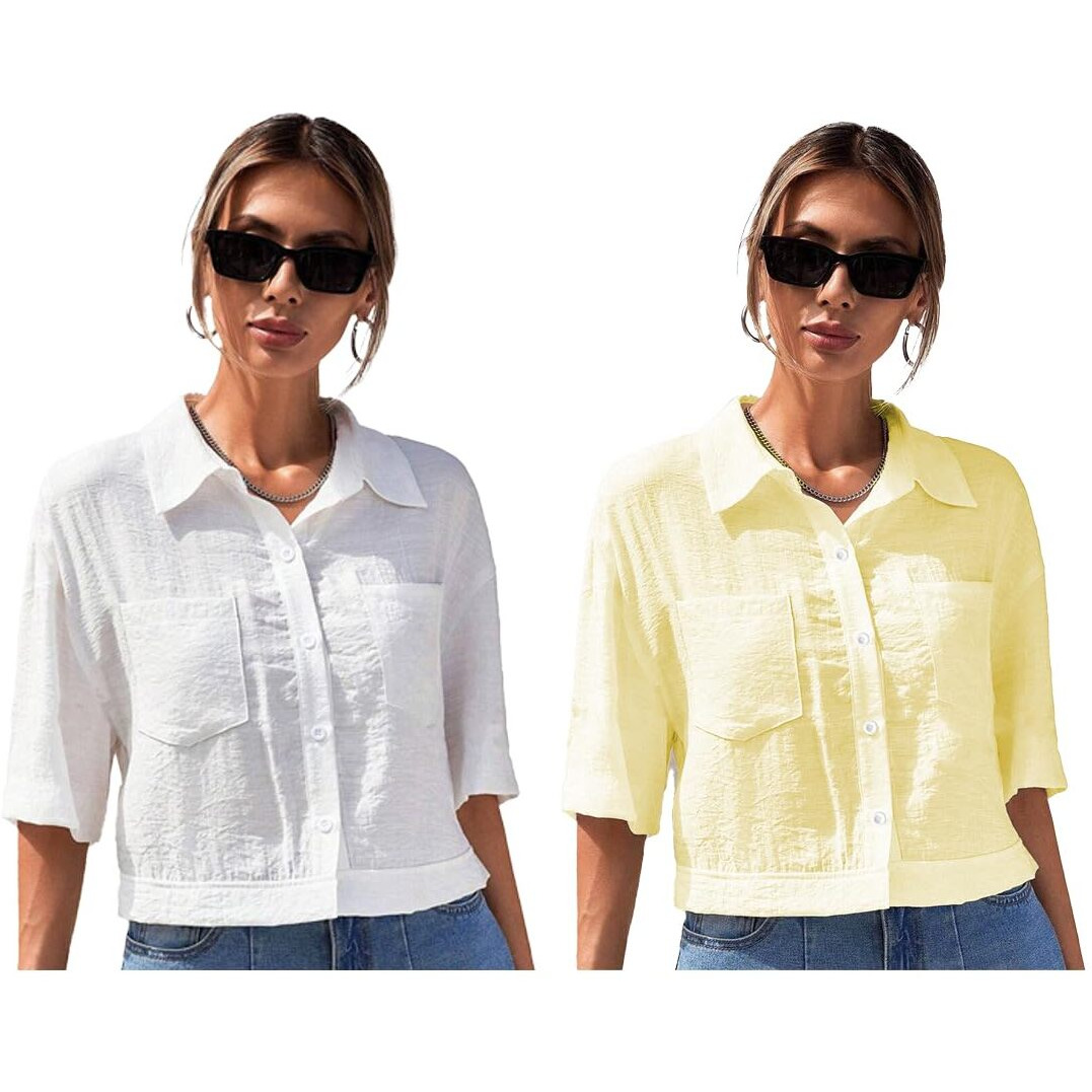 Toplot Shirt For Women || V-Collar Solid Crop For Woman || Half Sleeves For Women || Oversized Shirt For Woman (V-Crop-Shirt-5183-5183-White-Yellow-Xl)