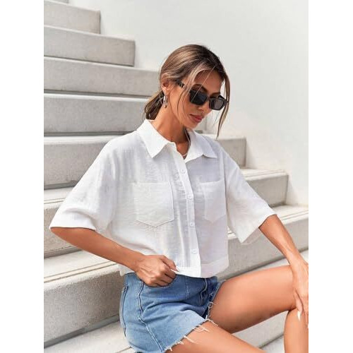 Toplot Shirt For Women || V-Collar Solid Crop For Woman || Half Sleeves For Women || Oversized Shirt For Woman (V-Crop-Shirt-5183-5183-White-Yellow-Xl)