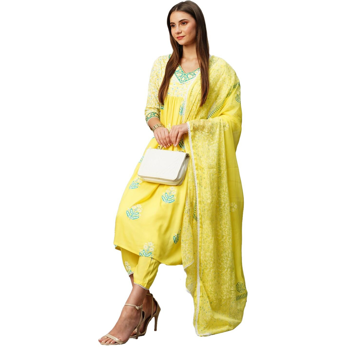 Gosriki Women's Rayon Blend Anarkali Printed Kurta With Pant & Dupatta (Renu-Yellow-Kbv-Gs_M_Yellow_Medium)