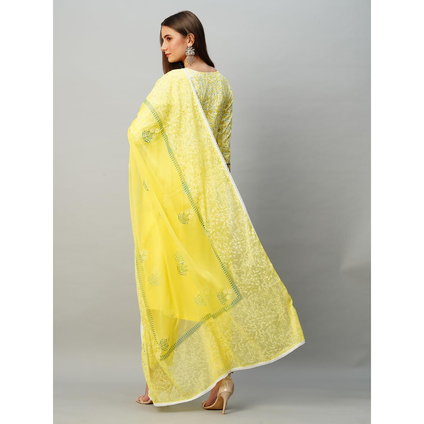 Gosriki Women's Rayon Blend Anarkali Printed Kurta With Pant & Dupatta (Renu-Yellow-Kbv-Gs_M_Yellow_Medium)