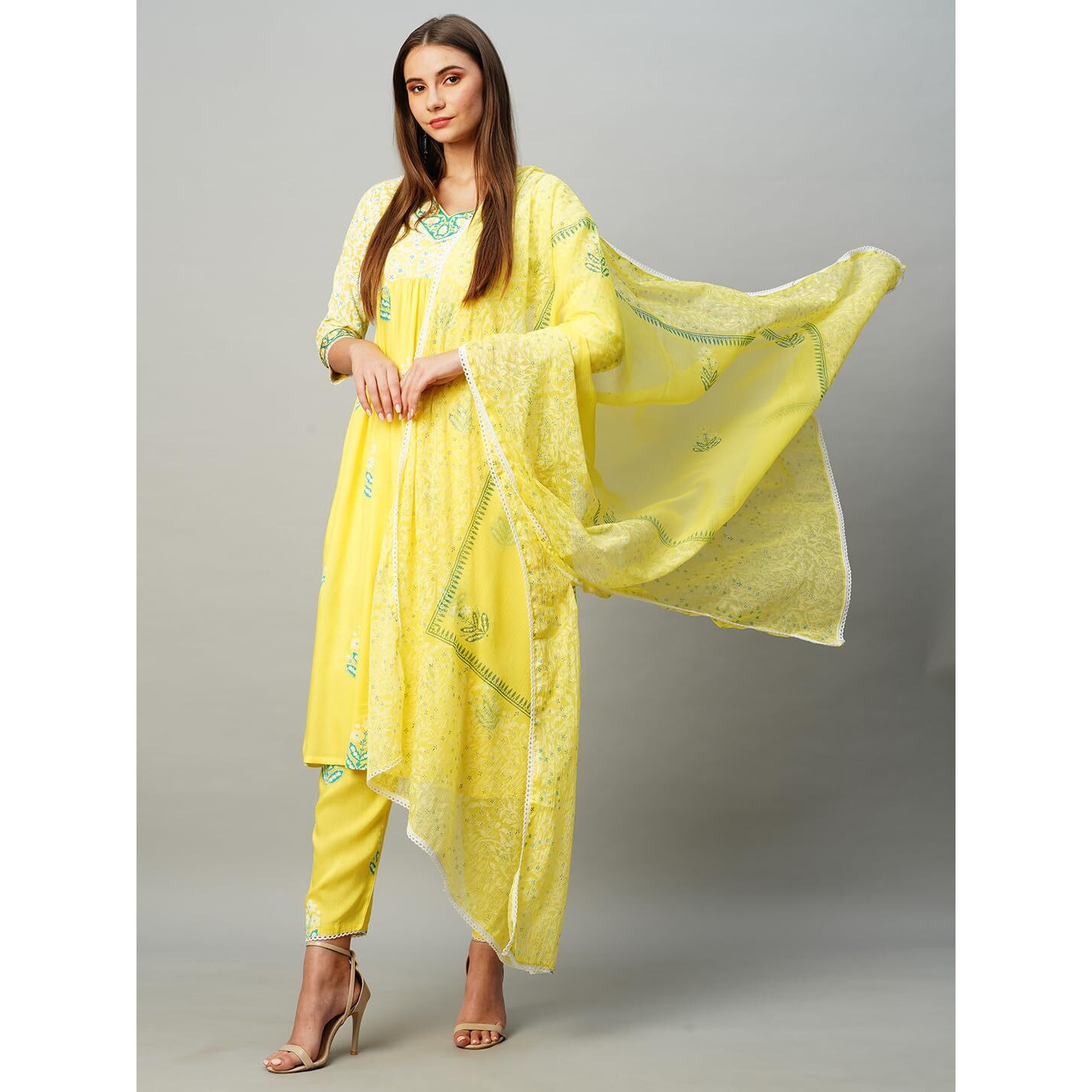 Gosriki Women's Rayon Blend Anarkali Printed Kurta With Pant & Dupatta (Renu-Yellow-Kbv-Gs_M_Yellow_Medium)