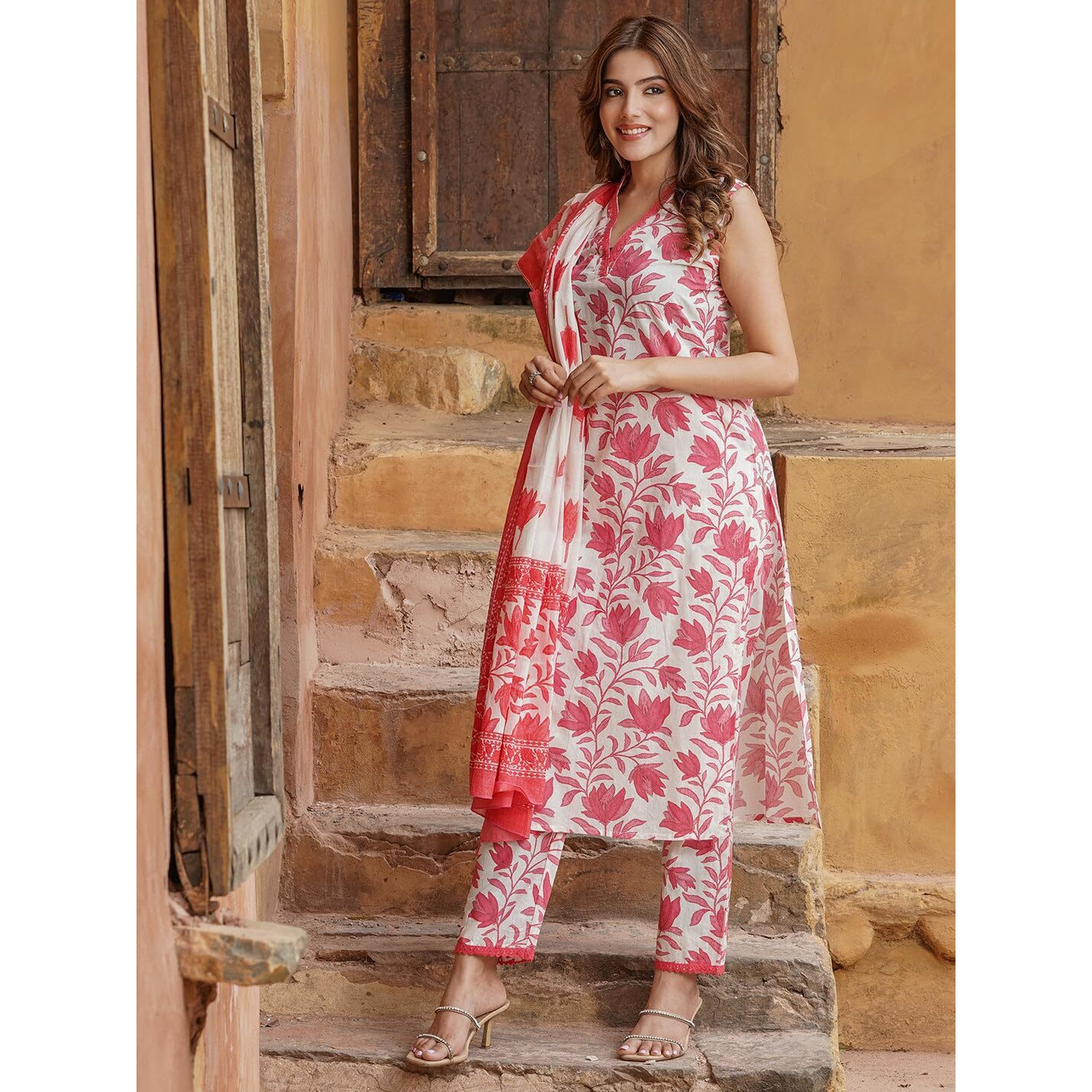 Gosriki Women's Cotton Blend Printed Straight Kurta With Pant & Dupatta (Root Pink-Gs_S_Pink_Small)