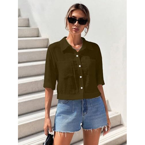 Toplot Shirt For Women || V-Collar Solid Crop For Woman || Half Sleeves For Women || Oversized Shirt For Woman (V-Crop-Shirt-5183-5183-Brown-Yellow-Xl)