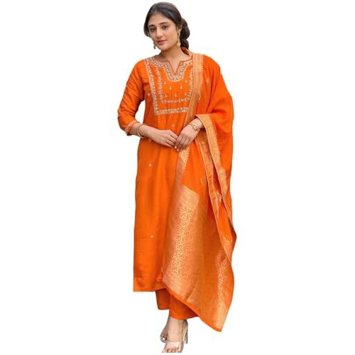 Gosriki Women's Silk Blend Straight Embroidered Kurta With Pant & Dupatta (Manushi Orange-Vks03-Gs_Xl_Orange_X-Large)