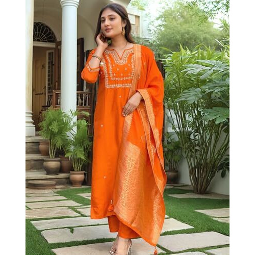 Gosriki Women's Silk Blend Straight Embroidered Kurta With Pant & Dupatta (Manushi Orange-Vks03-Gs_Xl_Orange_X-Large)