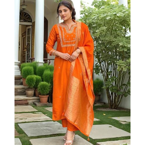 Gosriki Women's Silk Blend Straight Embroidered Kurta With Pant & Dupatta (Manushi Orange-Vks03-Gs_Xl_Orange_X-Large)