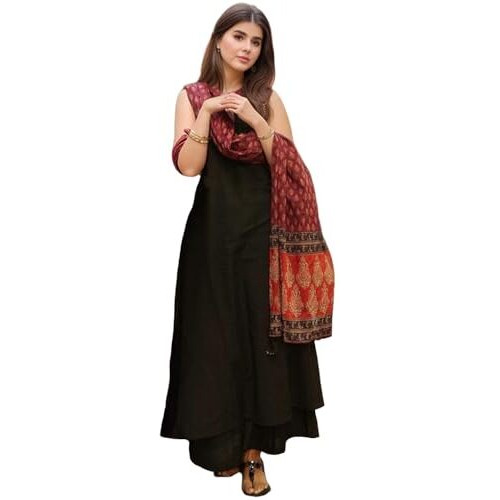 Gosriki Women's Rayon Viscose Solid A-Line Kurta With Palazzo & Dupatta (Umika Black-Vks01-Gs_M_Black_Medium)
