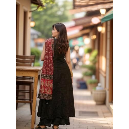 Gosriki Women's Rayon Viscose Solid A-Line Kurta With Palazzo & Dupatta (Umika Black-Vks01-Gs_M_Black_Medium)