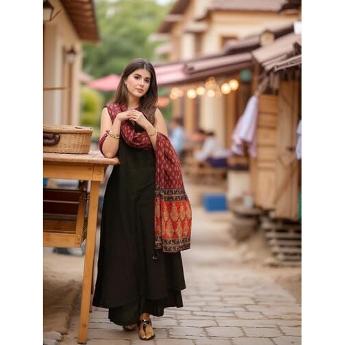 Gosriki Women's Rayon Viscose Solid A-Line Kurta With Palazzo & Dupatta (Umika Black-Vks01-Gs_M_Black_Medium)