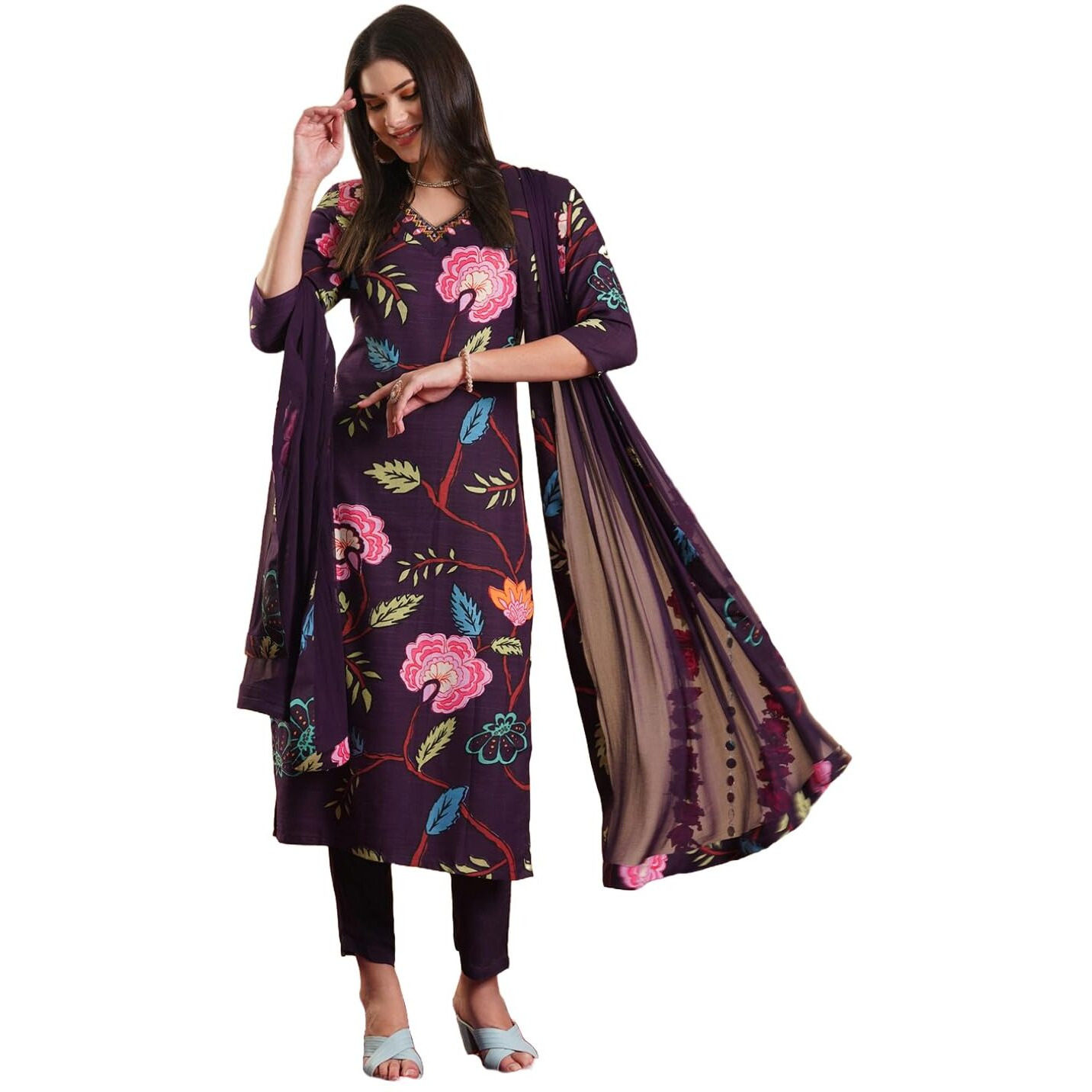 Gosriki Women's Rayon Blend Straight Printed Kurta With Pant & Dupatta (Twig Voilet-Gs_Xl_Violet_X-Large)
