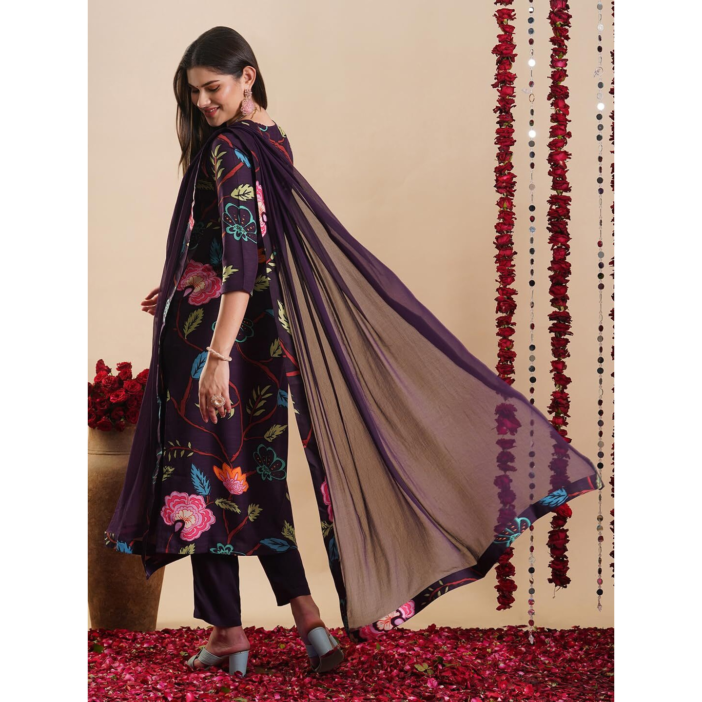 Gosriki Women's Rayon Blend Straight Printed Kurta With Pant & Dupatta (Twig Voilet-Gs_Xl_Violet_X-Large)